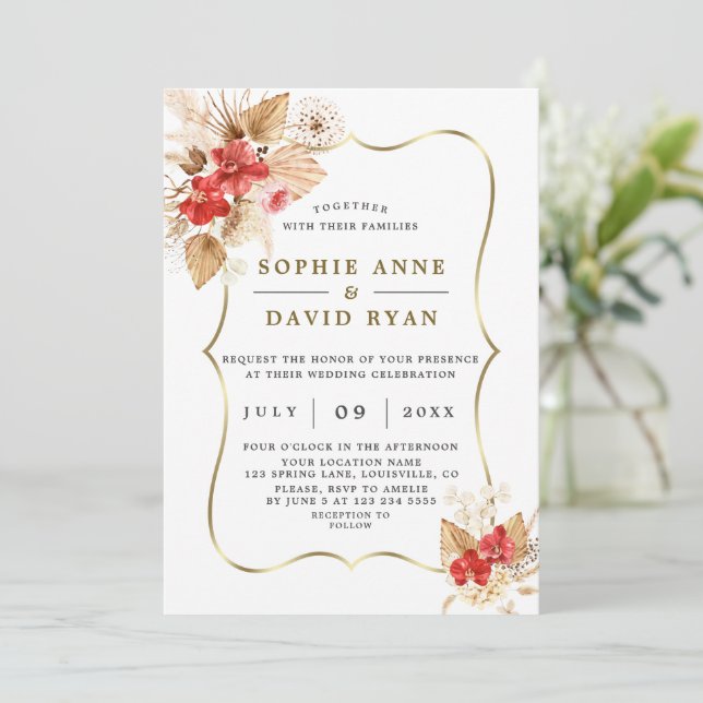 Invitation Pampas du désert Grass Red Orchidées Gold Mariage (Debout devant)