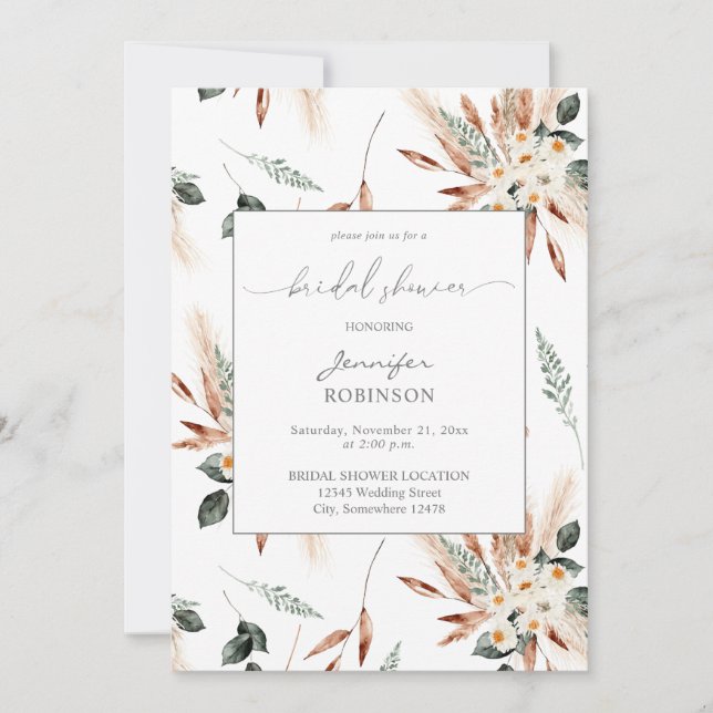Invitation Pampas en cuivre Boho & Fête des mariées florale B (Devant)