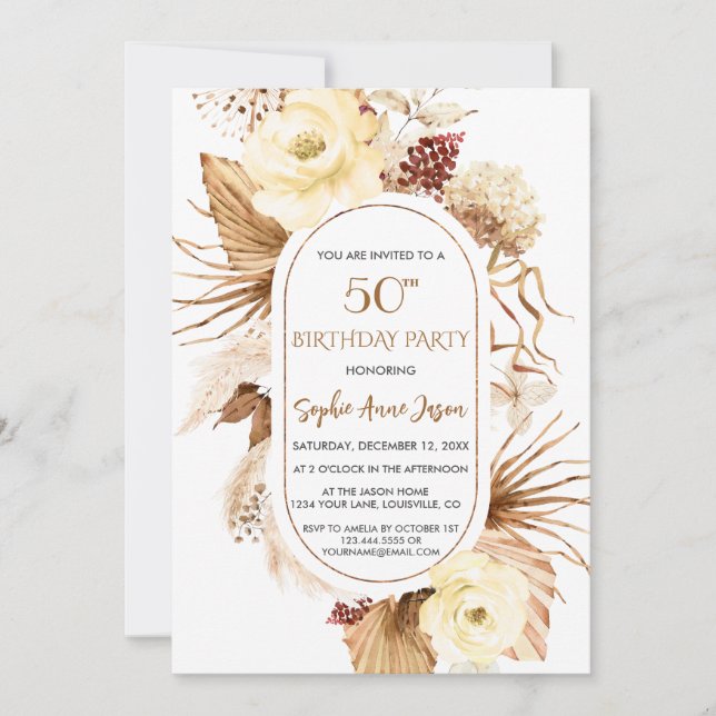 Invitation Pampas en cuivre floral ivoire Photo 50e anniversa (Devant)