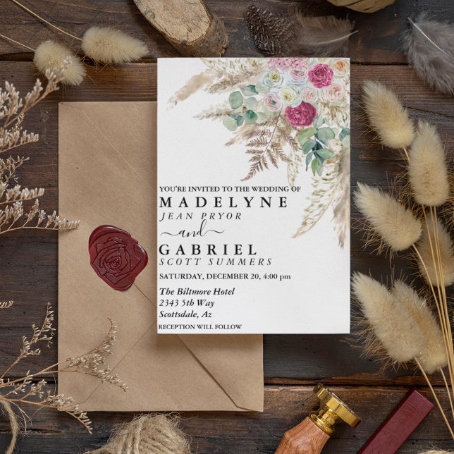 Invitation Pampas Fleur d'herbe rose Aquarelle Boho Terme (Créateur téléchargé)