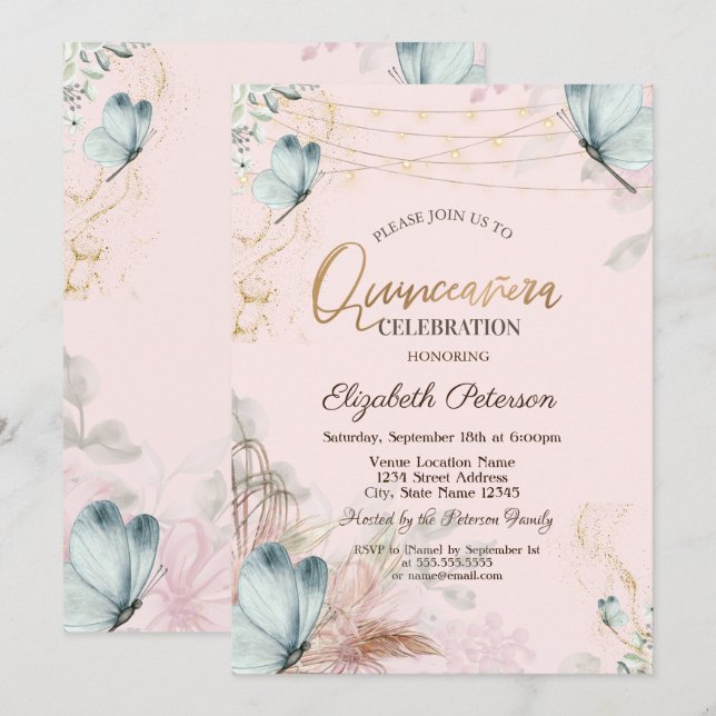 Invitation Pampas Fleurs de laiton Bleu Papillons Quinceañera (Devant / Derrière)