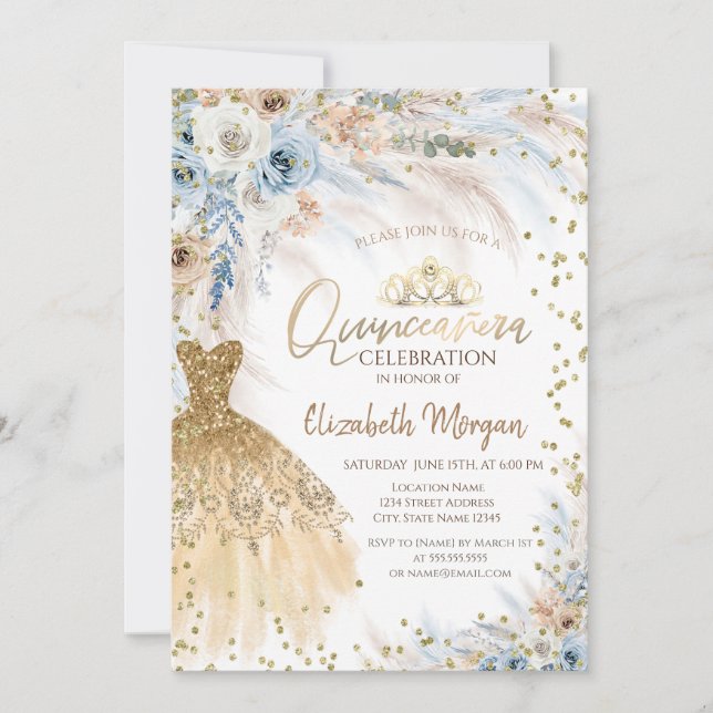 Invitation Pampas Fleurs de laiton Robe Diamants Quinceañera (Devant)