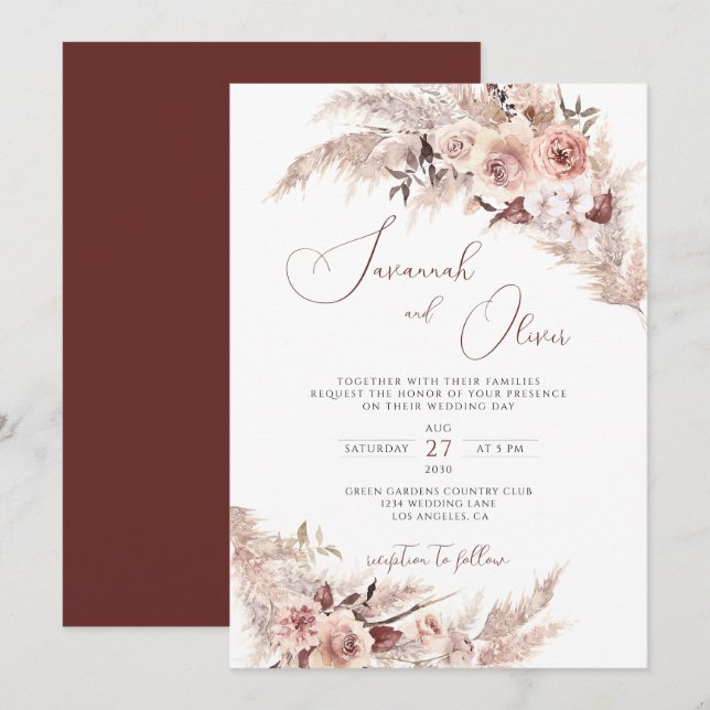 Invitation Pampas Floral Boho Grass Rust Mariage terreux (Devant / Derrière)