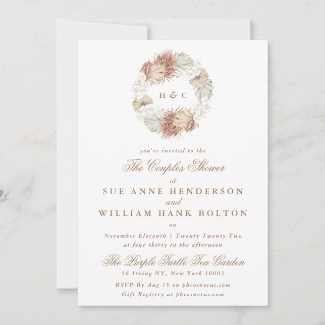 Invitation Pampas Floral Monogramme Wreath Couples Douche (Devant)
