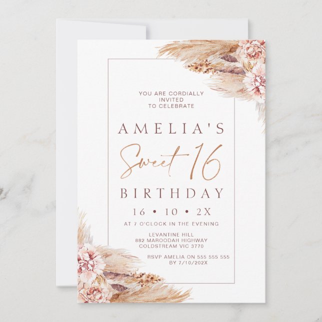 Invitation Pampas Florale Boho moderne Grass 16e anniversaire (Devant)