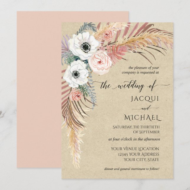 Invitation Pampas Florale Rose Boho Pampa Grass Folithe Kraft (Devant / Derrière)