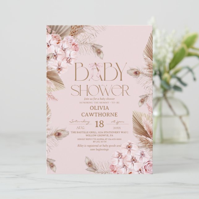 Invitation Pampas Grass  and Blush Pink Orchid Baby Shower  (Debout devant)