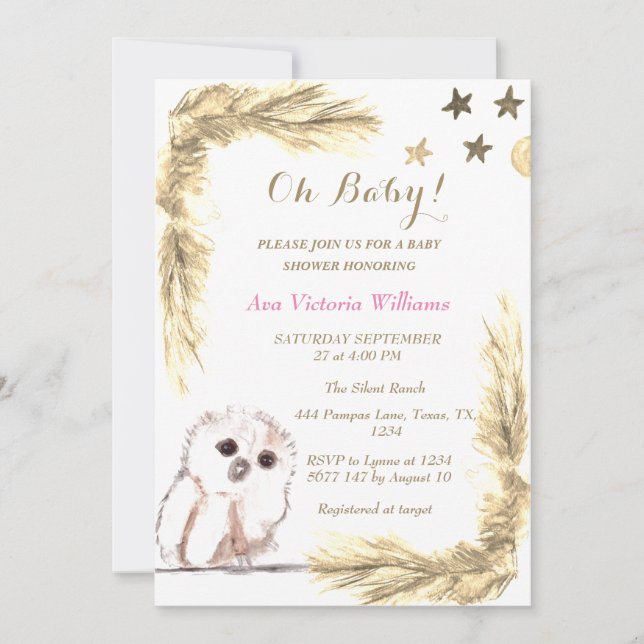 Invitation Pampas Grass Baby Girl Aquarelle rose Beige (Devant)