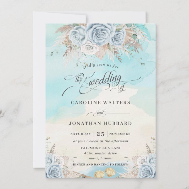 Invitation Pampas Grass Blue Floral Beach Destination Mariage (Devant)
