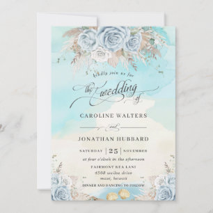 Invitation Pampas Grass Blue Floral Beach Destination Mariage