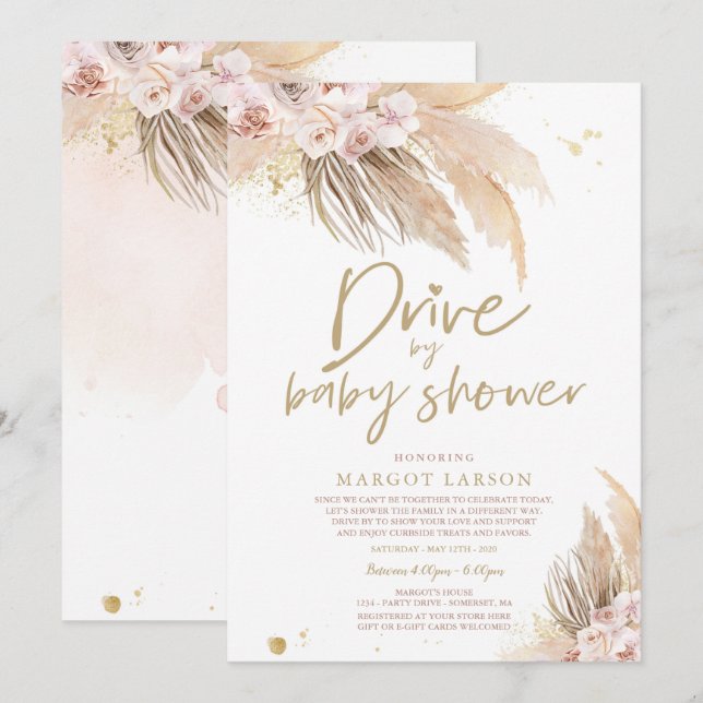 Invitation Pampas Grass Bohemian Drive Par Baby shower (Devant / Derrière)