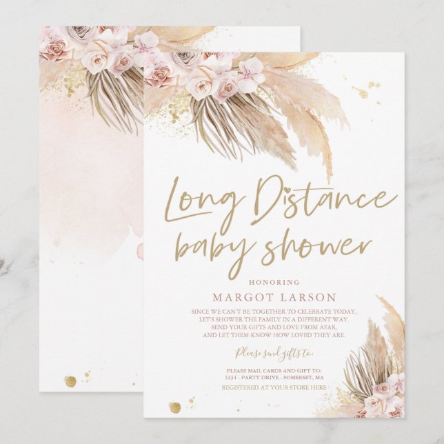 Invitation Pampas Grass Bohemian Long Distance Baby shower (Devant / Derrière)