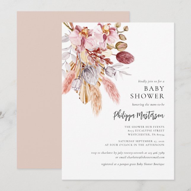Invitation Pampas Grass Boho Floral Girl Baby shower (Devant / Derrière)