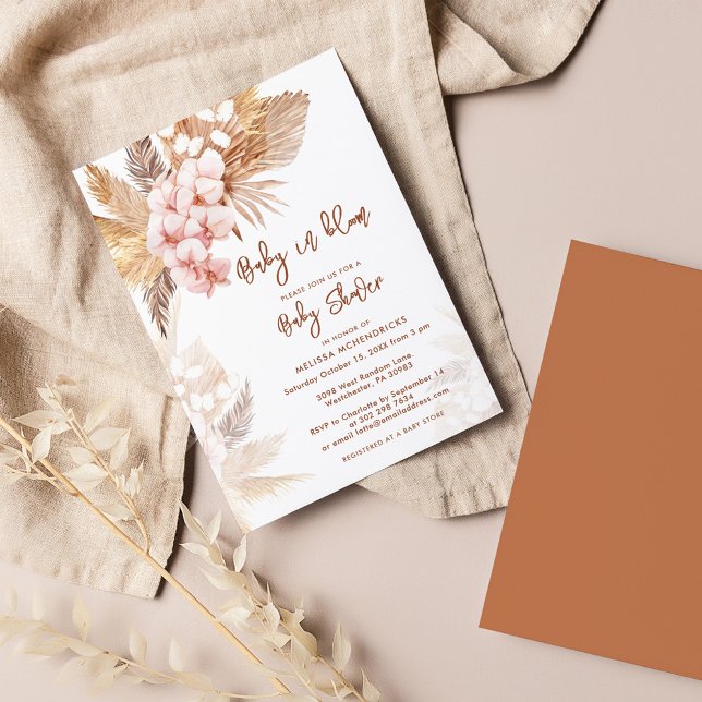 Invitation Pampas Grass Boho Girl Baby shower (Pampas Grass Baby in Bloom Shower Script Invitation)