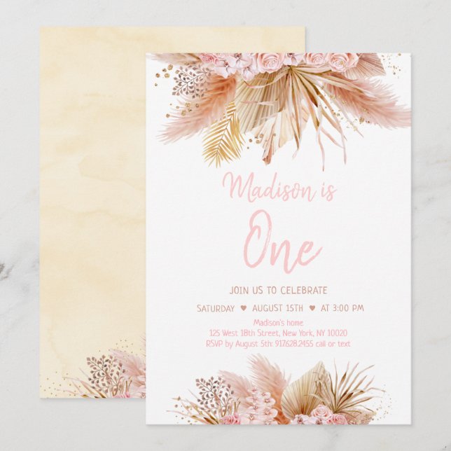 Invitation Pampas Grass Boho rose Floral Girl Anniversaire (Devant / Derrière)