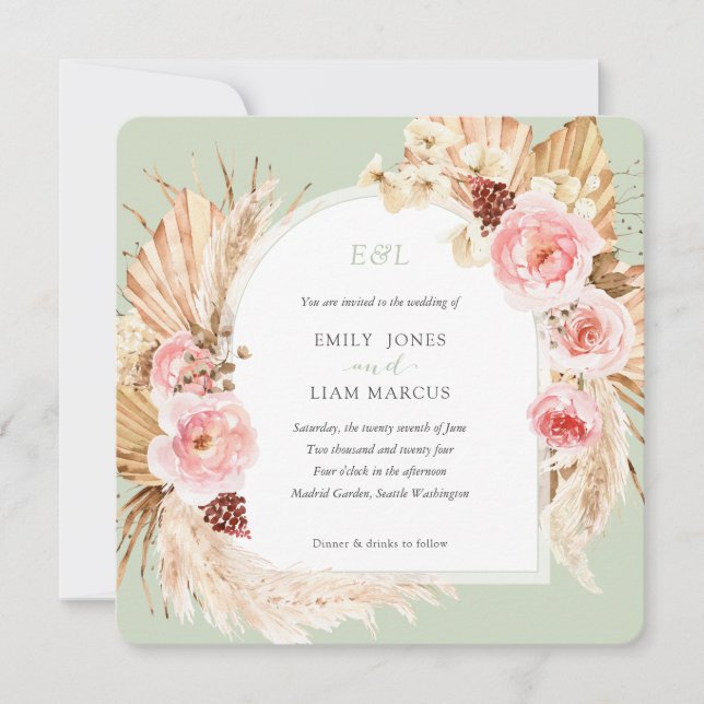 Invitation Pampas Grass Boho Sage Vert Floral Carré Mariage (Devant)