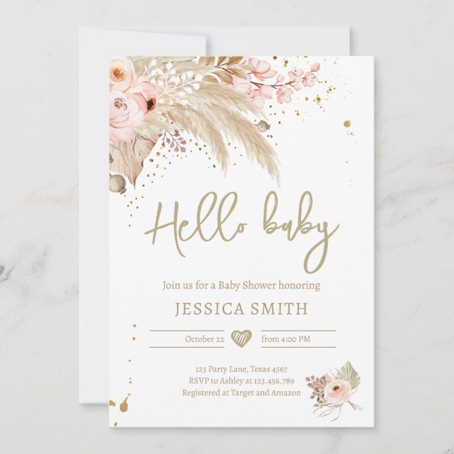 Invitation Pampas Grass Boho Tropical Rustic Girl Baby shower (Devant)