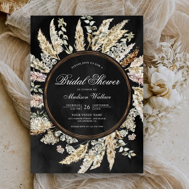 Invitation Pampas Grass Boho Wreath Fête des mariées noire (Créateur téléchargé)