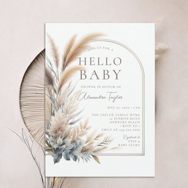 Invitation Pampas Grass Botanique Boho Baby shower neutre (pampas grass hello baby shower invitation gender neutral watercolor greenery botanical foliage boho )