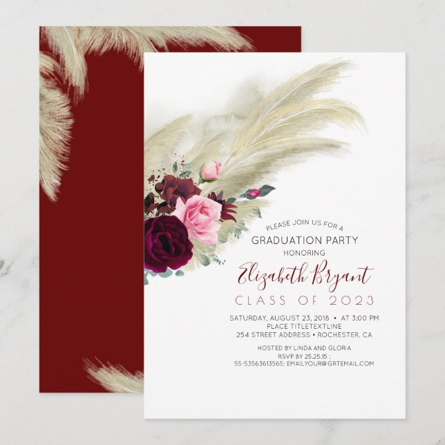 Invitation Pampas Grass Burgundy Red Floral Graduation (Devant / Derrière)