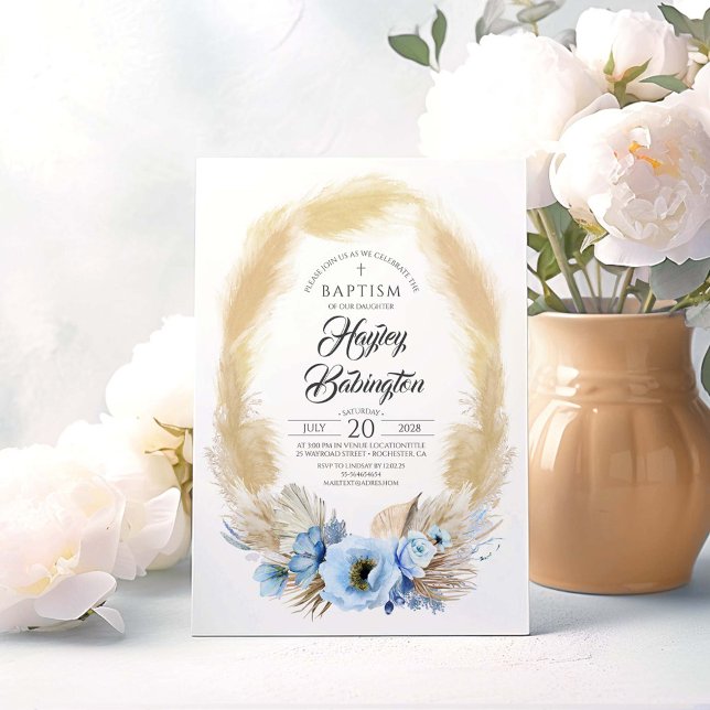 Invitation Pampas Grass Dusty Blue Flowers Baptême (Dusty Blue Baptism Invitations)