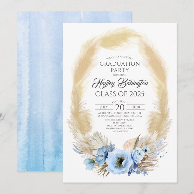 Invitation Pampas Grass Dusty Blue Flowers Graduation Party (Devant / Derrière)