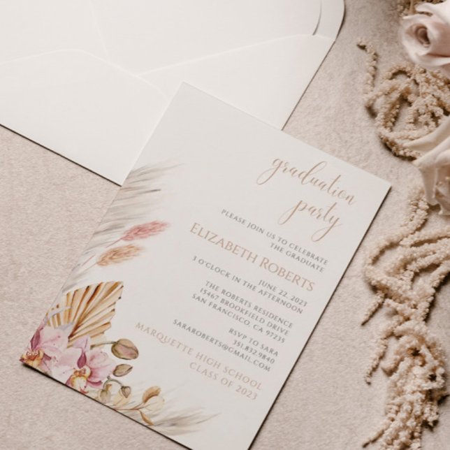 Invitation Pampas Grass Dusty Rose Floral fête de graduation (Créateur téléchargé)