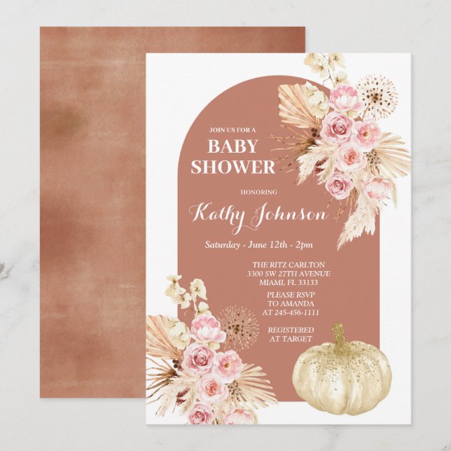 Invitation Pampas Grass et Baby shower Citrouille (Devant / Derrière)
