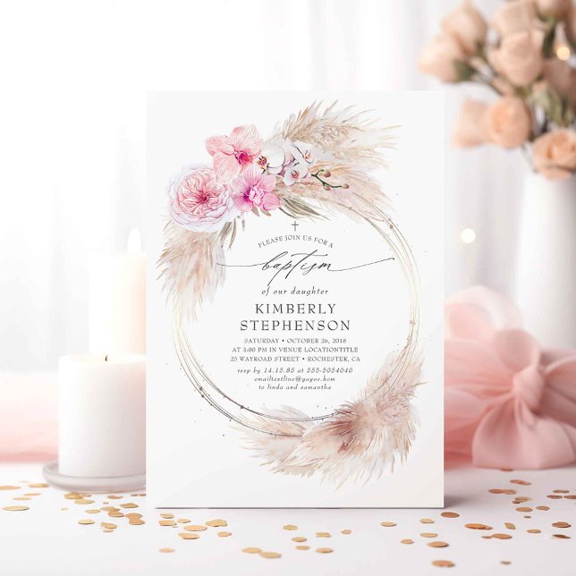 Invitation Pampas Grass et Orchidées roses Filles Baptême (Pink Flowers and Pampas Grass Baptism Invitations)