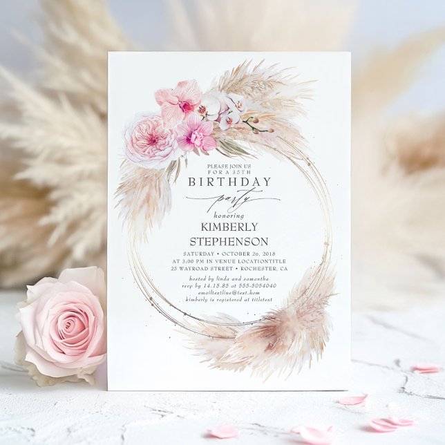 Invitation Pampas Grass et Pink Orchid Exotic Anniversaire (Pink Floral Birthday Invitation)