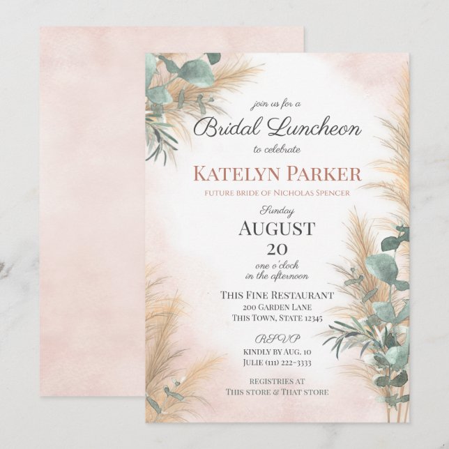 Invitation Pampas Grass Eucalyptus Green Bridal Luncheon (Devant / Derrière)
