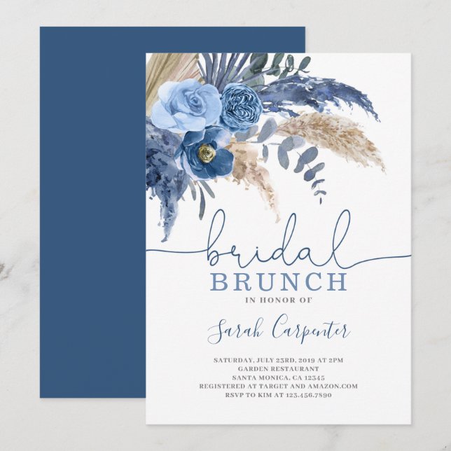 Invitation Pampas Grass Fête des mariées bleu floral invitati (Devant / Derrière)