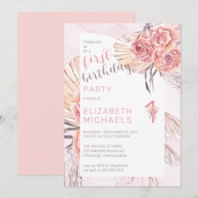 Invitation Pampas Grass |Fleur de rose 1er anniversaire (Devant / Derrière)
