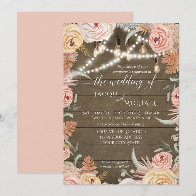 Invitation Pampas Grass Floral Edison illumine Mariage rustiq (Devant / Derrière)