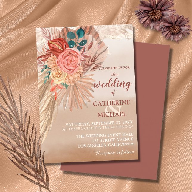 Invitation Pampas Grass Floral Terracotta Boho Chic Mariage (Créateur téléchargé)