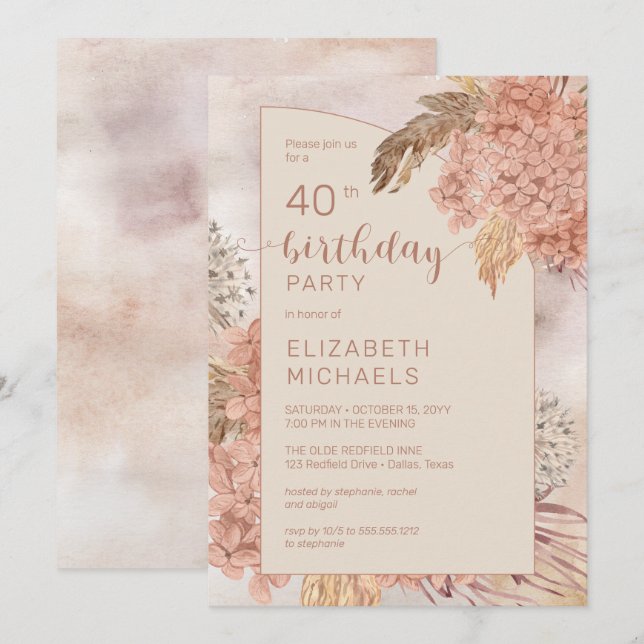 Invitation Pampas Grass Hydrangeas Blooms 40ème anniversaire  (Devant / Derrière)