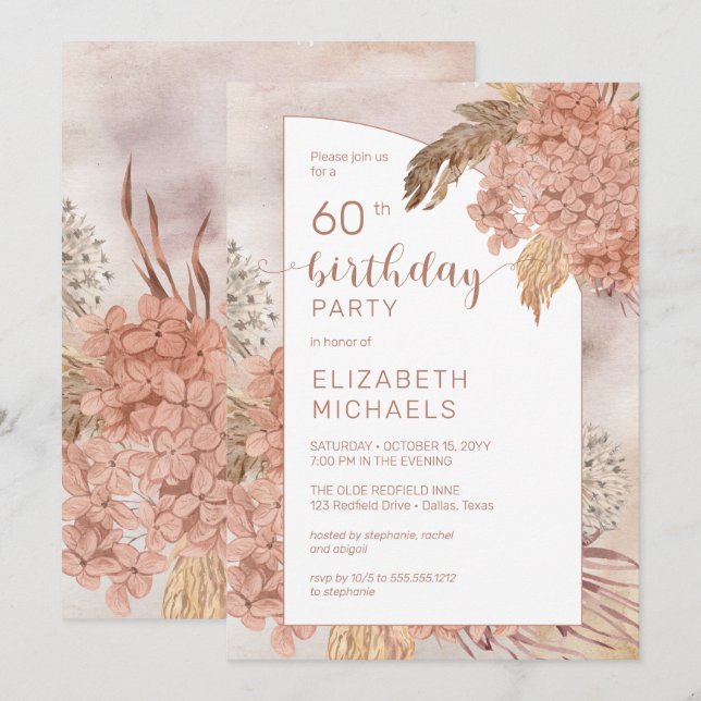 Invitation Pampas Grass Hydrangeas Blooms 60ème Anniversaire (Devant / Derrière)