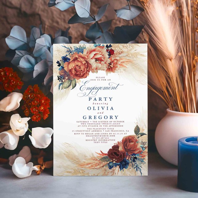 Invitation Pampas Grass Navy Blue Terracotta (Navy Blue and Terracotta Fall Engagement Party Invitations)