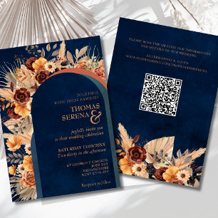 Invitation Pampas Grass Navy Blue Terracotta Fall QR Code