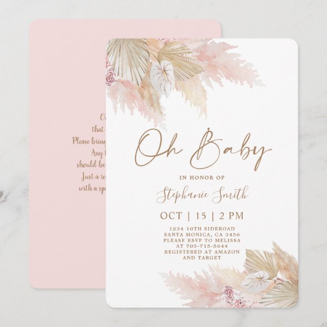 Invitation Pampas Grass rose Boho Chic Baby shower fille (Devant / Derrière)