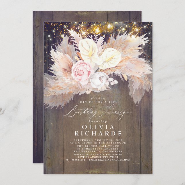 Invitation Pampas Grass rose Floral Rustique Anniversaire (Devant / Derrière)