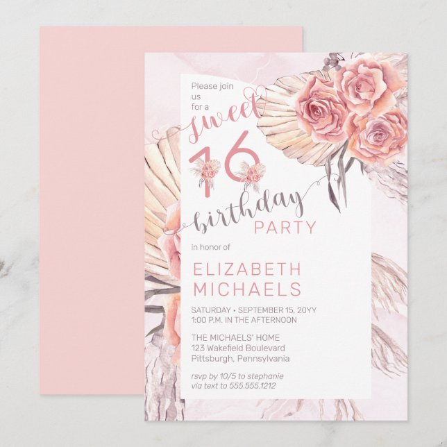 Invitation Pampas Grass |Rose Rose Blooms Sweet 16 Party (Devant / Derrière)