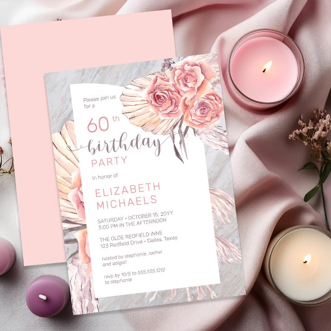 Invitation Pampas Grass |Rose rose fleurit 60e fête d'anniver (Pampas Grass & Pink Rose Blooms 60th Birthday Invitation - Print | Digital Download)