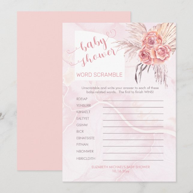 Invitation Pampas Grass |Rubrique de mots du Baby shower de f (Devant / Derrière)