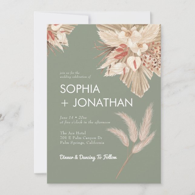 Invitation Pampas Grass Sage Vert Mariage Moderne Chic (Devant)
