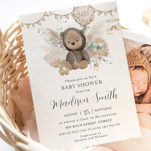 Invitation Pampas Grass Teddy Bear Sexe Baby shower neutre
