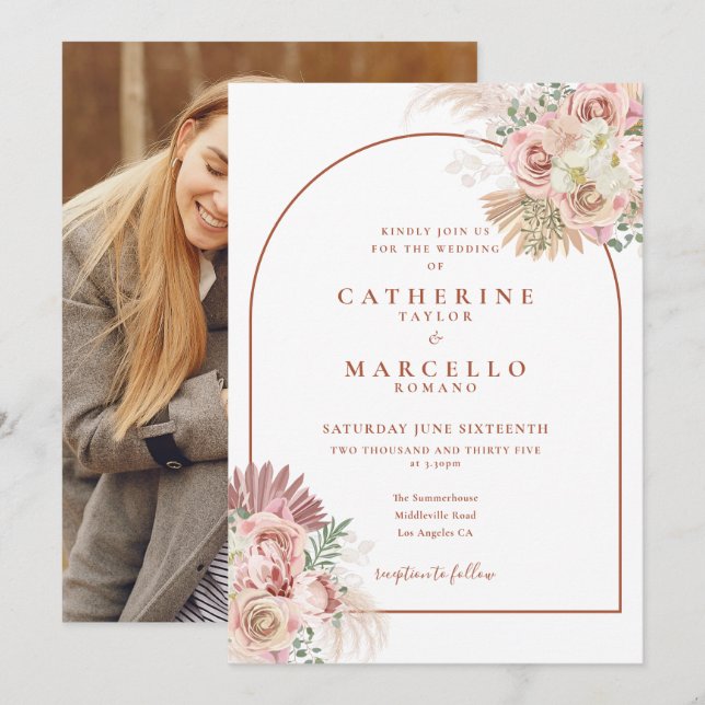 Invitation Pampas Grass Terracotta Arch Floral Photo Mariage (Devant / Derrière)