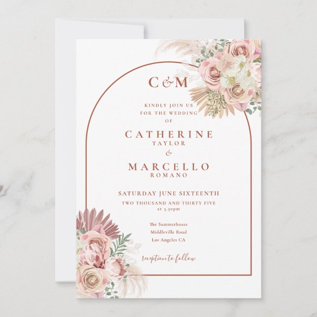Invitation Pampas Grass Terracotta Arch Monogramme Mariage (Devant)