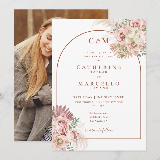 Invitation Pampas Grass Terracotta Monogramme Mariage photo (Devant / Derrière)