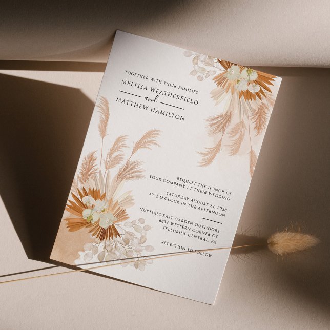 Invitation Pampas Grass Terracotta Palms Botaniques Séchés (Pampas Grass Elegant Fall Wedding Invitation)